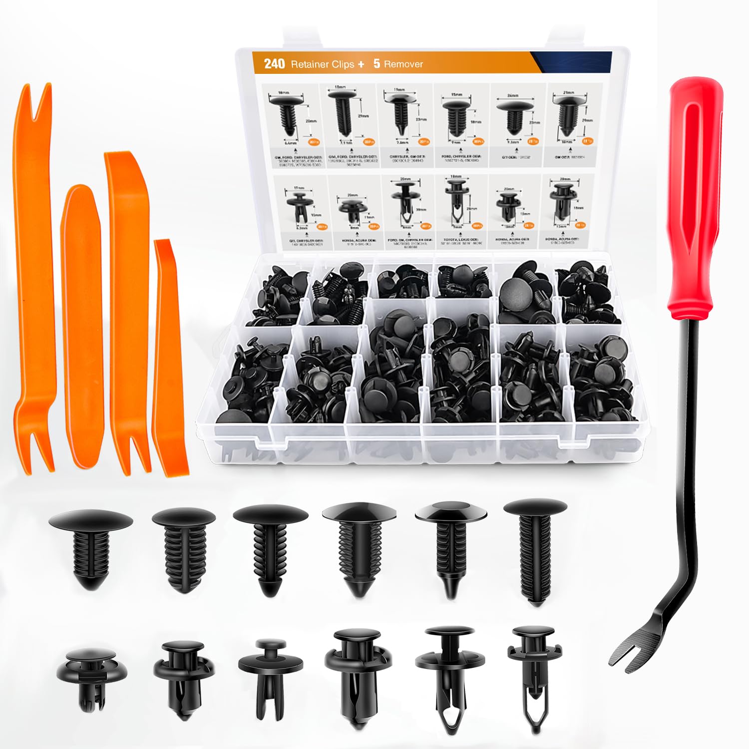 GOOACC 240PCS Bumper Retainer Clips Car Plastic Rivets Fasteners Push Retainer Kit 12 Popular Sizes Auto Push Pin Rivets Set -Door Trim Panel Fender Clips for G